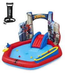 62002 Pompalı-Bestway 98793 Spiderman Temalı Kaydıraklı Fıskiyeli AquaPark Şişme Eğlence Havuzu