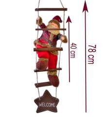 Yılbaşı Süsü Ahşap Merdivenli Noel Baba Figür Büyük Boy 40 cm - Merdiven ile 78 cm
