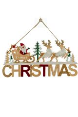 Ahşap Dekoratif Kürklü Geyikleri, Kızaklı Noel Babası ile Christmas Kapı Süsü 30 cm