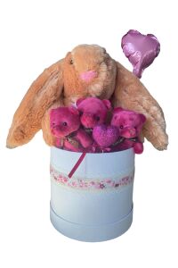 SOLE Premium Özel Kutusunda; 45 cm Kahve Bunny Tavşan, Simli Kalp 3 Adet Fuşya Ayıcık ve Kalp Balonlu Buket