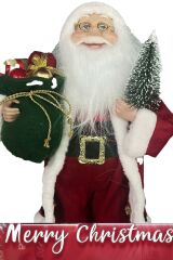 Yılbaşı Süsü Noel Baba Biblo Figür Büyük Boy 45cm -Elinde Çam Ağacı ve Hediye Çuvalı ile