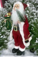 Yılbaşı Süsü Noel Baba Biblo Figür Büyük Boy 45cm -Elinde Çam Ağacı ve Hediye Çuvalı ile