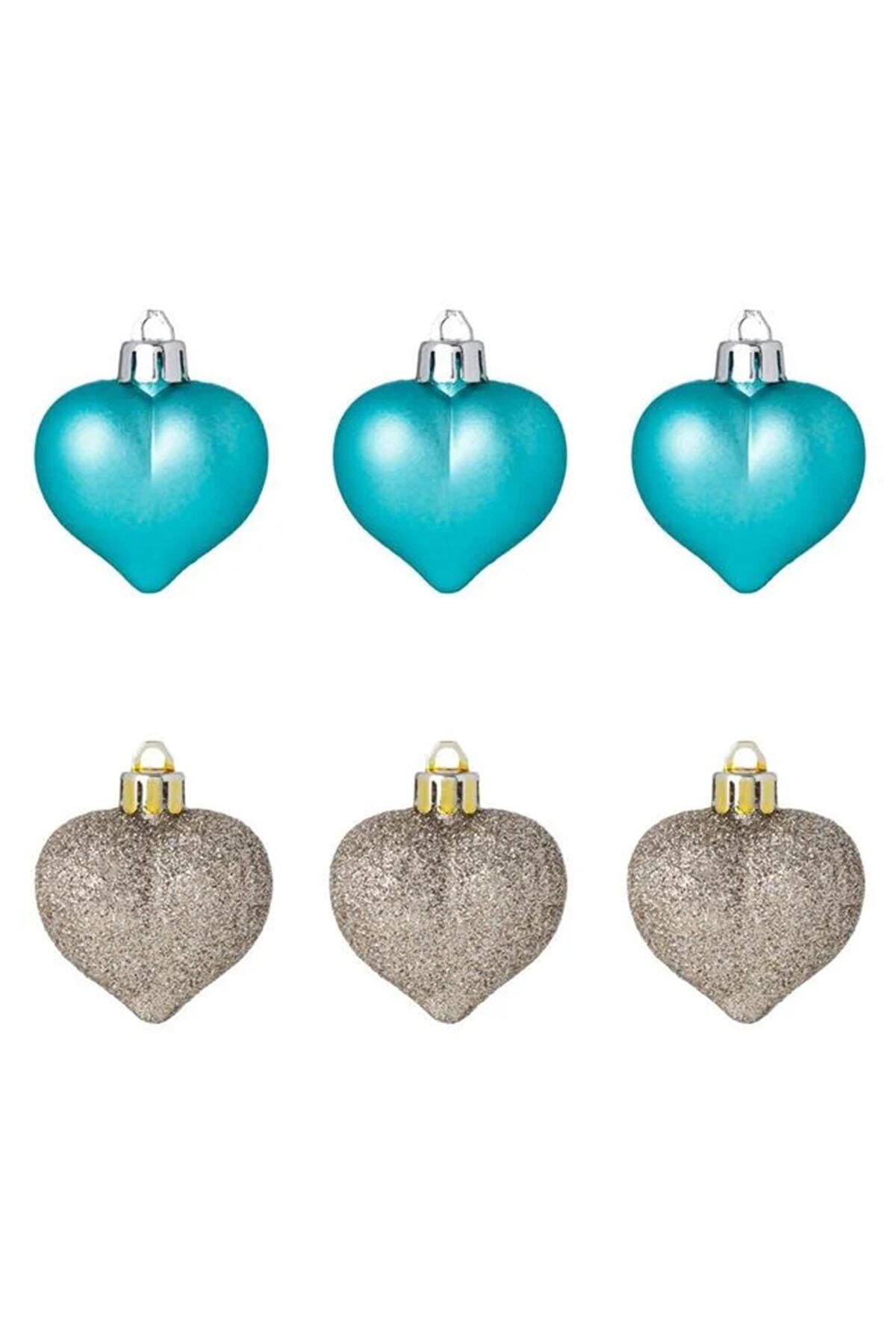 Yıllbaşı Çam Ağacı Süsü Simli Ve Mat Kalp Noel Ağacı Süsü 6 Lı  6 cm