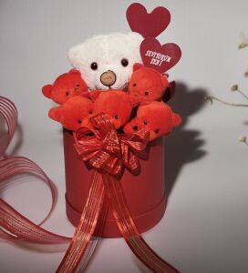 Premium Özel Hediye Kutuda  Beyaz Ayıcık ve  Kırmızı Peluş Ayıcık Buketi, Sevgiliye, Doğum Gününe Hediye