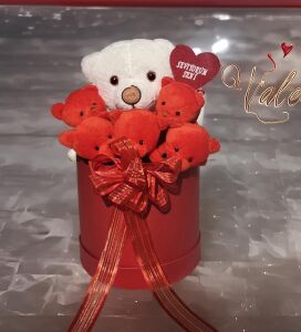 Premium Özel Hediye Kutuda  Beyaz Ayıcık ve  Kırmızı Peluş Ayıcık Buketi, Sevgiliye, Doğum Gününe Hediye