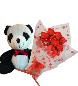 Sevimli Peluş Panda ile Premium Yumoş Kırmızı Peluş Ayıcık Buketi
