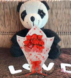 Sevimli Peluş Panda ile Premium Yumoş Kırmızı Peluş Ayıcık Buketi