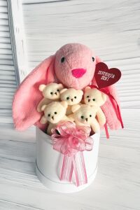SOLE Premium Özel Hediye Kutusunda  45 cm Pembe Bunny Tavşan ve 5 Adet Krem Peluş Ayıcık Buketi