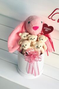 SOLE Premium Özel Hediye Kutusunda  45 cm Pembe Bunny Tavşan ve 5 Adet Krem Peluş Ayıcık Buketi
