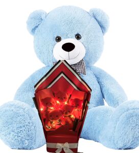 Sevimli 90 cm Peluş Ayı ile Led Peri Işıklı  Kırmızı Peluş Ayıcık Buketi