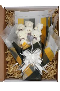 Elegance Peluş Ayıcık Buketi - 6 Adet Yumoş Peluş Ayıcık ve Simli Gümüş Kalp ile Özel Büyük Kutuda