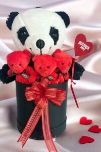 SOLE Premium Özel Hediye Kutusunda  35 cm Sevimli Panda ve 3 adet Kırmızı Peluş Minik Ayıcık Buketi