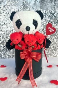 SOLE Premium Özel Hediye Kutusunda  35 cm Sevimli Panda ve 3 adet Kırmızı Peluş Minik Ayıcık Buketi