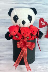 SOLE Premium Özel Hediye Kutusunda  35 cm Sevimli Panda ve 3 adet Kırmızı Peluş Minik Ayıcık Buketi
