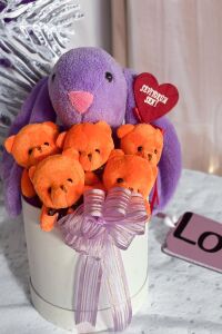 SOLE Premium Özel Hediye Kutusunda  45 cm Bunny Tavşan ve 5 Adet Turuncu Peluş Ayıcık Buketi
