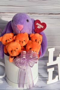SOLE Premium Özel Hediye Kutusunda  45 cm Bunny Tavşan ve 5 Adet Turuncu Peluş Ayıcık Buketi