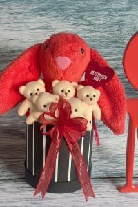 SOLE Premium Özel Hediye Kutusunda 45 cm Mercan Bunny Tavşan ve 5 Adet Krem Peluş Ayıcık Buketi