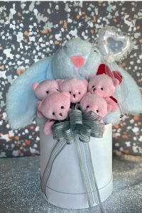 SOLE Premium Özel Hediye Kutusunda 45 cm Mavi Bunny Tavşan ve 5 Adet Pembe Peluş Ayıcık Buketi