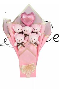 Premium Balonlu Romantik Pembe Peluş Ayıcık Buketi - Sevgiliye Özel