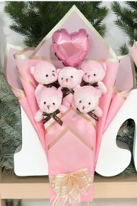 Premium Balonlu Romantik Pembe Peluş Ayıcık Buketi - Sevgiliye Özel