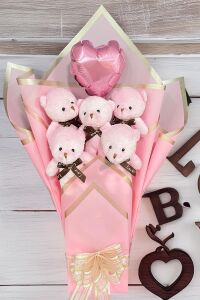 Premium Balonlu Romantik Pembe Peluş Ayıcık Buketi - Sevgiliye Özel