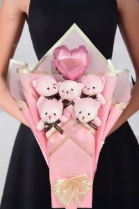 Premium Balonlu Romantik Pembe Peluş Ayıcık Buketi - Sevgiliye Özel