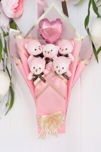 Premium Balonlu Romantik Pembe Peluş Ayıcık Buketi - Sevgiliye Özel
