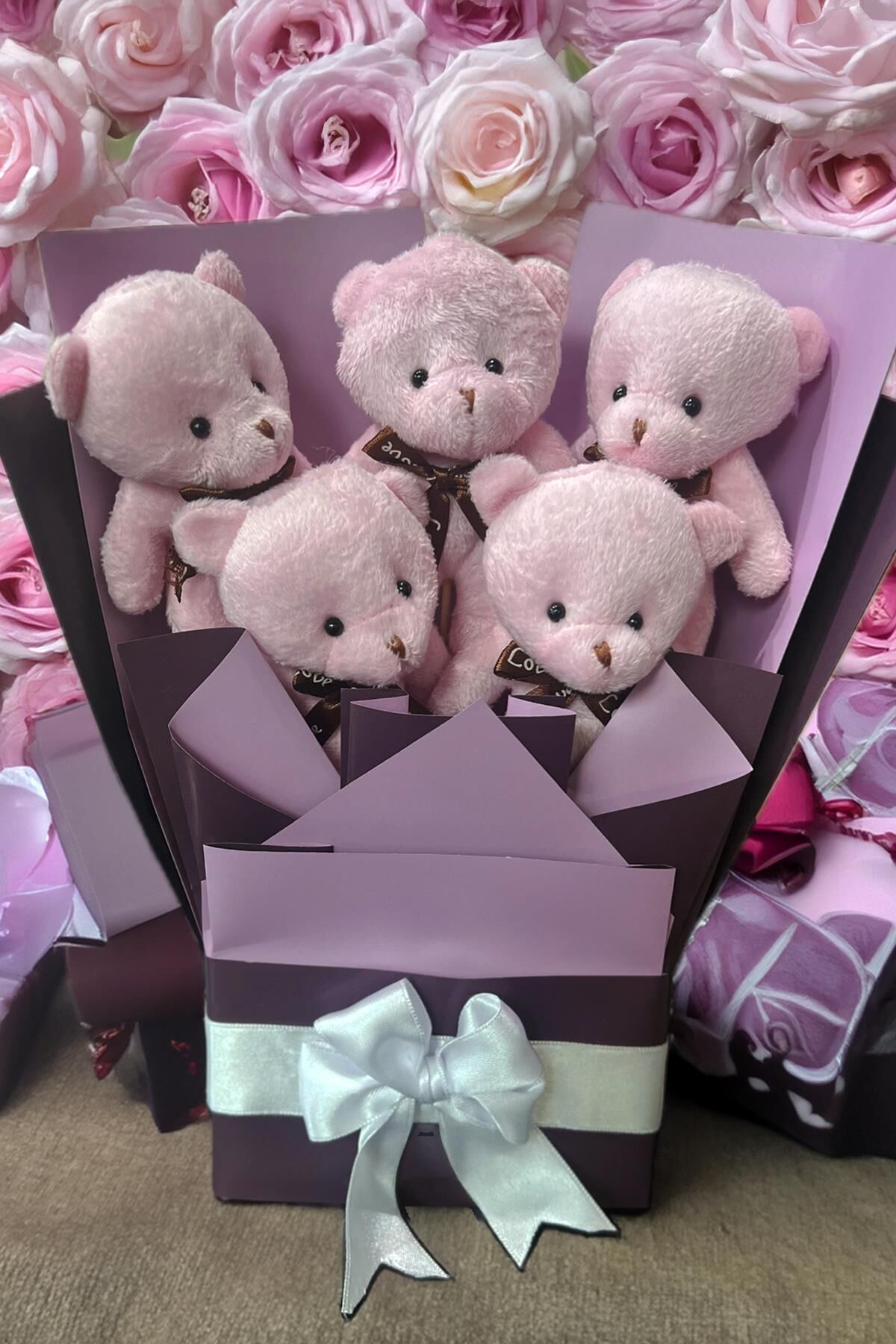 Sole Sevgiliye Özel Pembe - Mor Konsept Romantik Peluş Ayıcık Buketi
