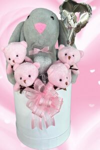 SOLE Premium Özel Kutusunda; 45 cm Gri Bunny Tavşan, Simli Kalp 4 Pembe Ayıcık ve Kalp Balonlu Buket