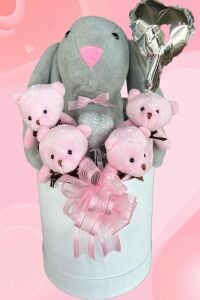 SOLE Premium Özel Kutusunda; 45 cm Gri Bunny Tavşan, Simli Kalp 4 Pembe Ayıcık ve Kalp Balonlu Buket