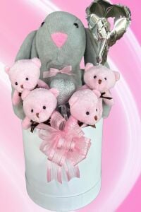 SOLE Premium Özel Kutusunda; 45 cm Gri Bunny Tavşan, Simli Kalp 4 Pembe Ayıcık ve Kalp Balonlu Buket