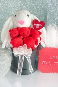 SOLE Premium Özel Hediye Kutusunda 45 cm Beyaz Bunny Tavşan ve 5 Adet Kırmızı Peluş Ayıcık Buketi