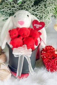 SOLE Premium Özel Hediye Kutusunda 45 cm Beyaz Bunny Tavşan ve 5 Adet Kırmızı Peluş Ayıcık Buketi