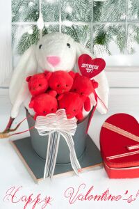 SOLE Premium Özel Hediye Kutusunda 45 cm Beyaz Bunny Tavşan ve 5 Adet Kırmızı Peluş Ayıcık Buketi