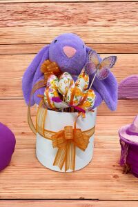 SOLE Premium Paskalya Temalı 45 cm Mor Bunny Tavşan Hediye Kutusu - Dekoratif Yumurta ve Kelebek Süslemeli
