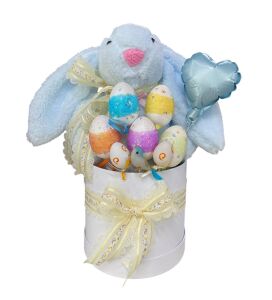 SOLE Premium Paskalya Temalı 45 cm Mavi Bunny Tavşan Hediye Kutusu - Dekoratif Yumurta ve Kalp Balon Detaylı