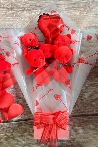 Sole Sevgiliye Özel Kırmızı Konsept Balonlu Romantik Peluş Ayıcık Buketi