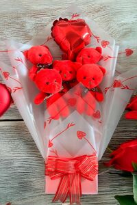 Sole Sevgiliye Özel Kırmızı Konsept Balonlu Romantik Peluş Ayıcık Buketi