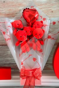 Sole Sevgiliye Özel Kırmızı Konsept Balonlu Romantik Peluş Ayıcık Buketi