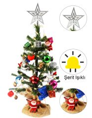 Yılbaşı Masaüstü Süslü Yeni Yıl Çam Ağacı 40 cm, Kütüklü Jütlü- 28 Parça Süs SET