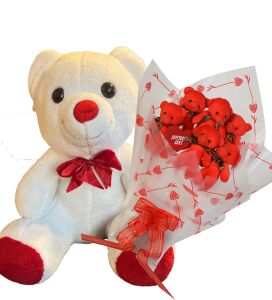 Sevimli 35 cm Peluş Ayı ile Premium Yumoş Kırmızı Peluş Ayıcık Buketi