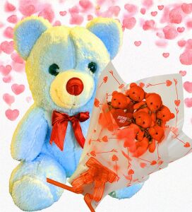 Sevimli 35 cm Peluş Ayı ile Premium Yumoş Kırmızı Peluş Ayıcık Buketi