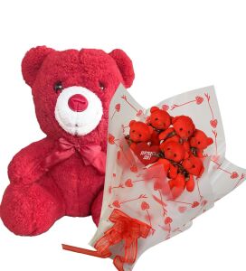 Sevimli 35 cm Peluş Ayı ile Premium Yumoş Kırmızı Peluş Ayıcık Buketi