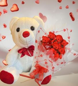 Sevimli 35 cm Peluş Ayı ile Premium Yumoş Kırmızı Peluş Ayıcık Buketi