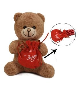Sevgiliye Özel, Elinde BADEM Şekeri KESESİ ile Peluş BOZ Ayıcık-30 cm