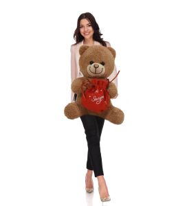 Sevgiliye Özel, Elinde BADEM Şekeri KESESİ ile Peluş BOZ Ayıcık-30 cm