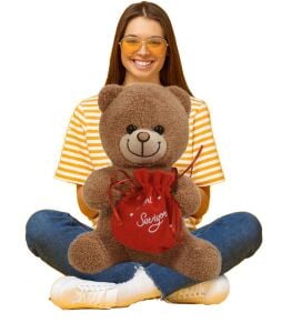 Sevgiliye Özel, Elinde BADEM Şekeri KESESİ ile Peluş BOZ Ayıcık-30 cm