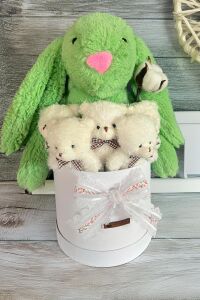 Özel Kutuda, Yeşil Jellycat Tavşan, 5 Beyaz Ayıcık – Pamuk Çiçeği Dokunuşlu, Özel Ayıcık Buketi