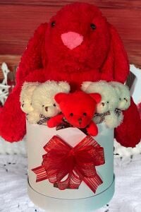 Özel Kutuda, Aşk Temalı Peluş Hediye Kutusu – Kırmızı Jellycat Tavşan & 5 Mini Ayıcık (Özel Tasarım)