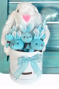 Özel Kututusunda; 45 cm Beyaz Jellycat Tavşan, 5'li Tavşancıklar ve Folyo Kalp Balonlu SET-Ayıcık Buketi